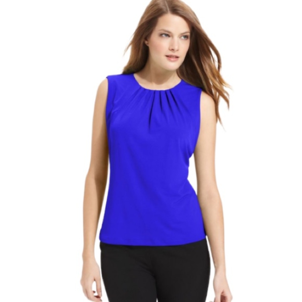 Calvin Klein Women’s Blue Sleeveless Pleated Neck Blouse, Size Petite Large